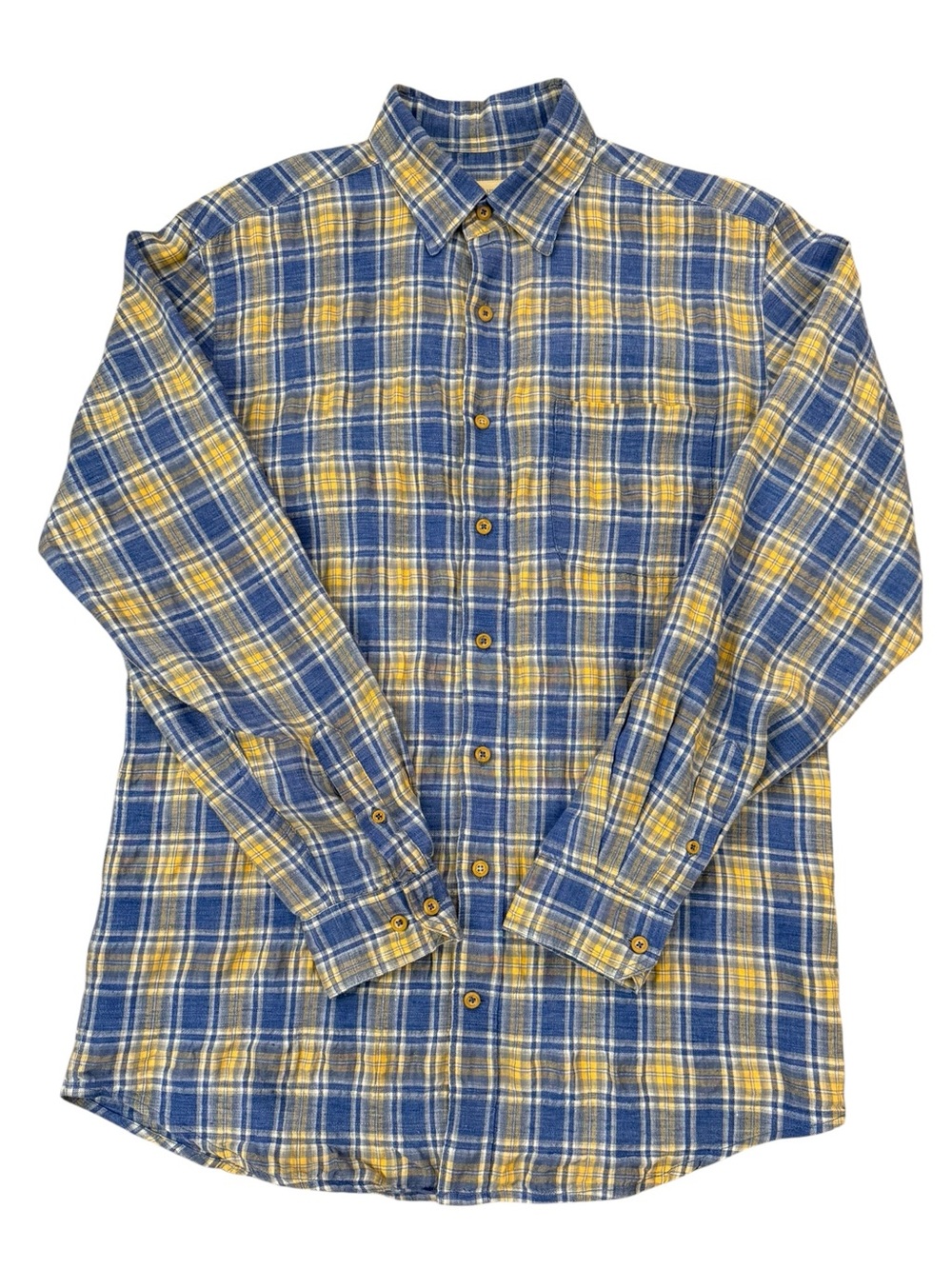 The Territory Ahead Plaid Shirt Mens MT Tall Linen Sorona Blue Yellow Plaid